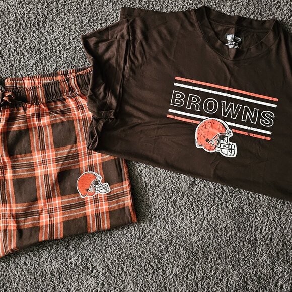 men NFL TEAM APPAREL 2-pc CLEVELAND BROWNS sleepwear TOP plaid PANTS set S/S - Picture 1 of 6